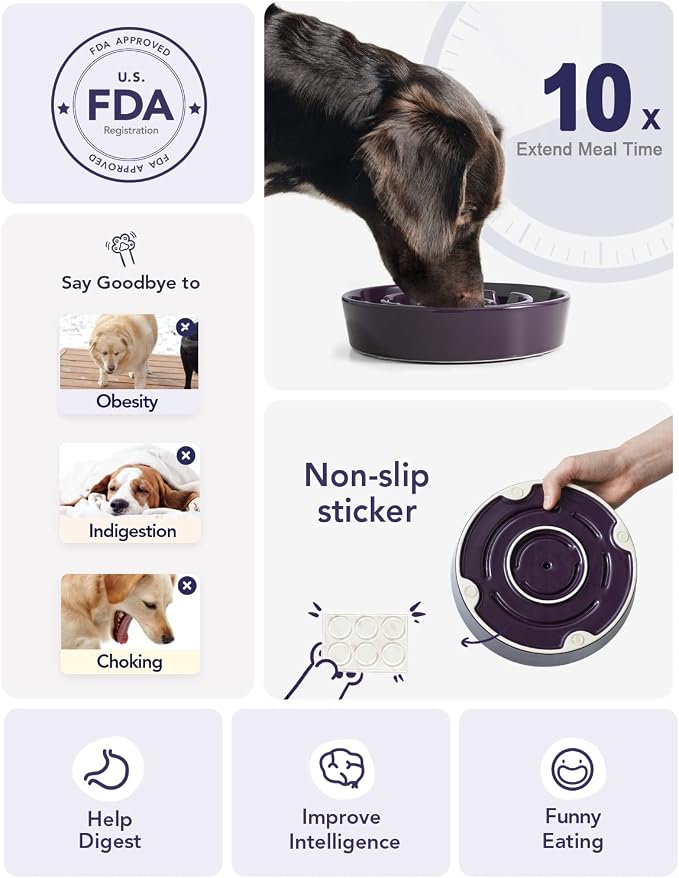 LE TAUCI Dog Bowls Slow Feeder Ceramic, 1.5 Cup Slow Feeding Bowl for Small and Medium Breed, Puzzle Dog Food Bowl for Fast Eater, Maze Purple