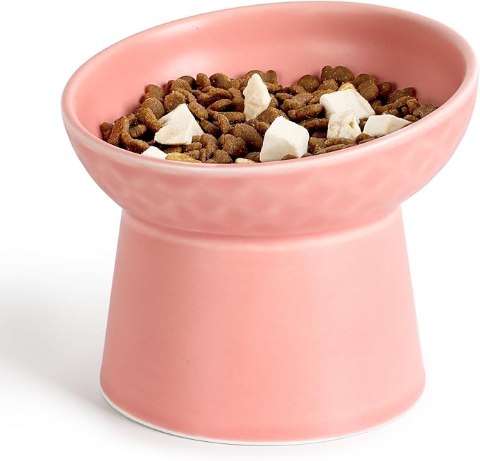 YauYik Small Raised Cat Bowls, Ceramic Tilted Elevated Food or Water Bowls, Stress Free, Backflow Prevention, Dishwasher & Microwave Safe, Lead & Cadmium Free, Pink