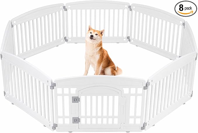 Sweetcrispy Plastic Dog Playpen, 8 Panels 24" Expandable & Durable Pet Fence for Medium Dogs - Indoor & Outdoor Portable Puppy Playpen with Secure Locking Door, White