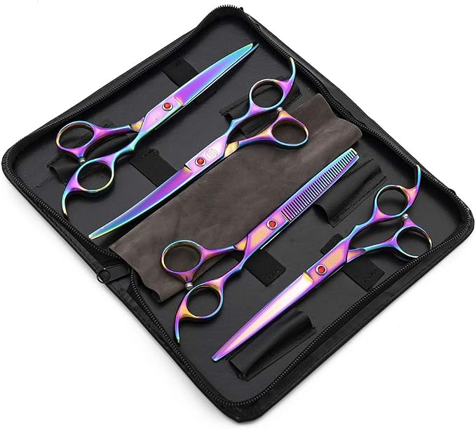 Moontay Professional 7" Dog Grooming Scissors Set 4PCS, Multicolour | Straight, Upward Curved, Downward Curved, Thinning/Blending Shears for Dog, Cat and Pets, JP Stainless Steel