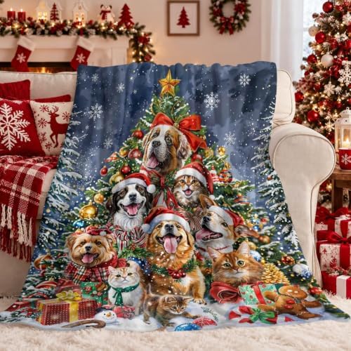 Neasow Christmas Throw Blanket, Cats and Dogs Pets Christmas Tree and Snowflake Design Soft Fuzzy Cozy Flannel Blanket Gift for Family and Friends Home Sofa Couch Chair Decorative 50x60 Inch - Image 4