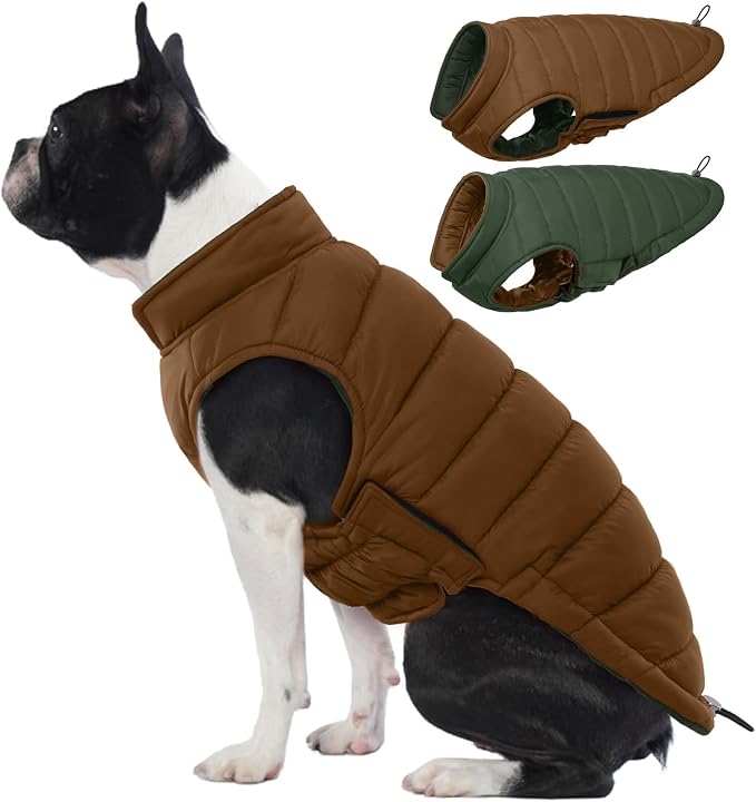Lelepet Reversible Dog Coat Windproof Dog Jacket Lightweight Puffer Vest | Puppy Winter Jacket Warm Cold Weather Coat for Dogs Adjustbale Hook & Loop Pet Apparel with Leash Hole, Chihuahua, Brown, XS