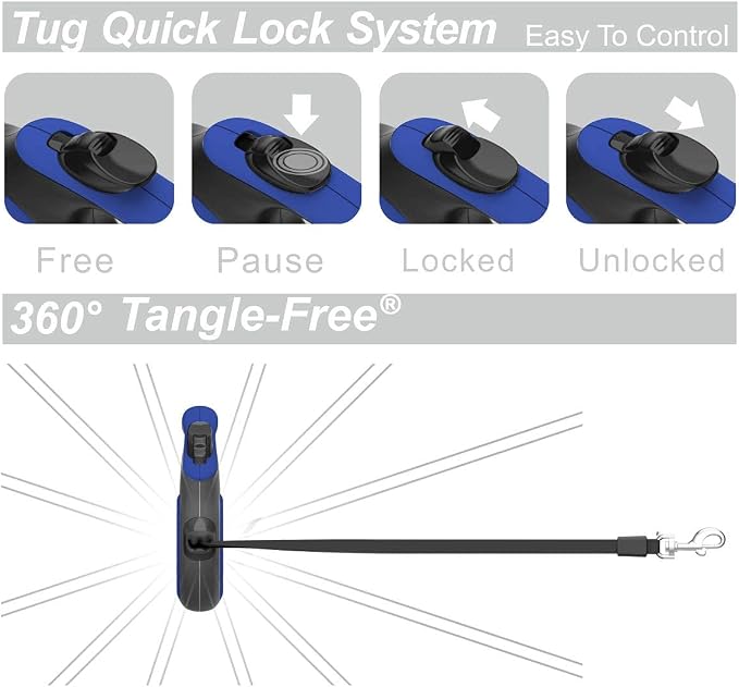 TUG 360° Tangle-Free Retractable Dog Leash with Waste Bag Dispenser (Large, Blue)