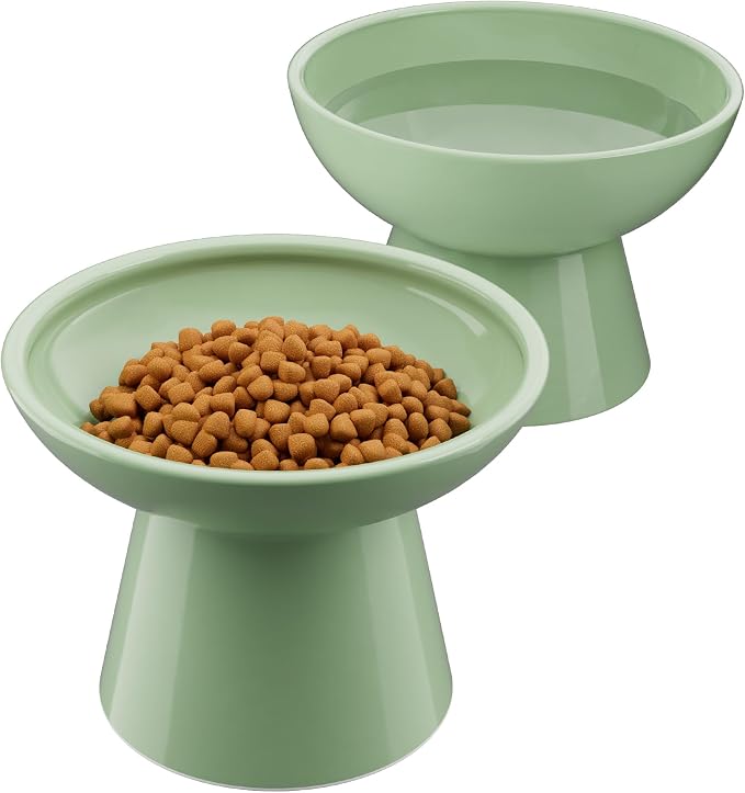 LoeJan Elevated Cat Food and Water Bowls Set, Extra Wide and Raised Ceramic Bowls, Anti-Vomit Whisker-Free Pressure Cat Feeder for Kittens to Adult Cats and Small Dogs