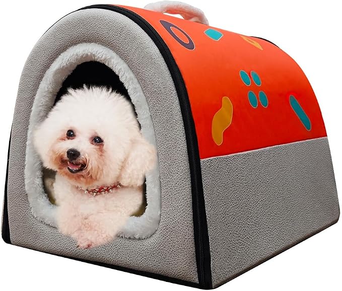 Dog Bed or Cat Bed,2 Ways to Use,Indoor Pet House with Fluffy Mat,Removable and Washable Cover,Splash-Proof House and Non-Slip Bottom,for Cats and Small Dogs(M Orange & Gray)
