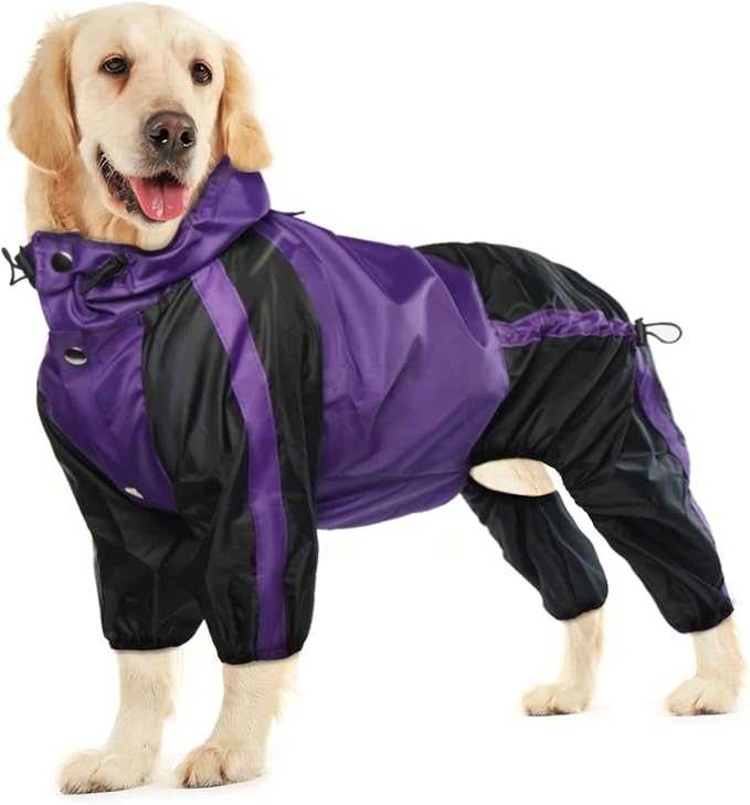 Dog Raincoat, 4 Leg Waterproof Dog Rain Jacket with Hood, Purple XL | Rain Coat For Small Dogs, Doggy Poncho With Leash Hole, Snap Buttons, For Rainy Snowy Weather Walks, Hiking, Camping