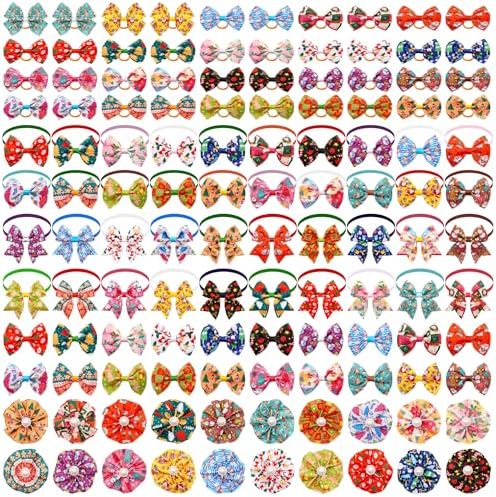 120PCS Christmas Dog Bows Bulk 20PCS Bowties with Adjustable Collar 40PCS Hair Bows 60PCS Flowers and Bowties Attachments for Girl Female Boy Male Dogs Grooming Accessories by JpGdn