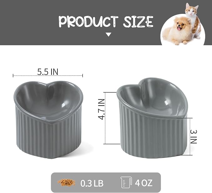 5.5 Inch Grey Ceramic Raised Tilted Cat Food Bowl 1 Pack | Elevated, Love Heart Shape, Slanted, Pet Feeding Dish, Stress Free, Kitty, Small Cats, Protect Pet's Spine