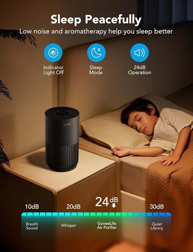 GoveeLife Smart Mini Air Purifier for Bedroom, with App & Alexa Control | HEPA Filter, Portable Air Cleaner with 3 Speeds, 2 Modes, Aroma for Pet Hair, Odors, Pollen, Home, Black