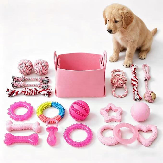 20 Pack Puppy Teething Chew Toys for Small Dogs, Bulk Dog Toys for Puppies | Pink Rubber Rings, Ropes & Balls, Puppy Teething & Dental Care, Relieves Puppy Boredom, Stops Destructive Chewing