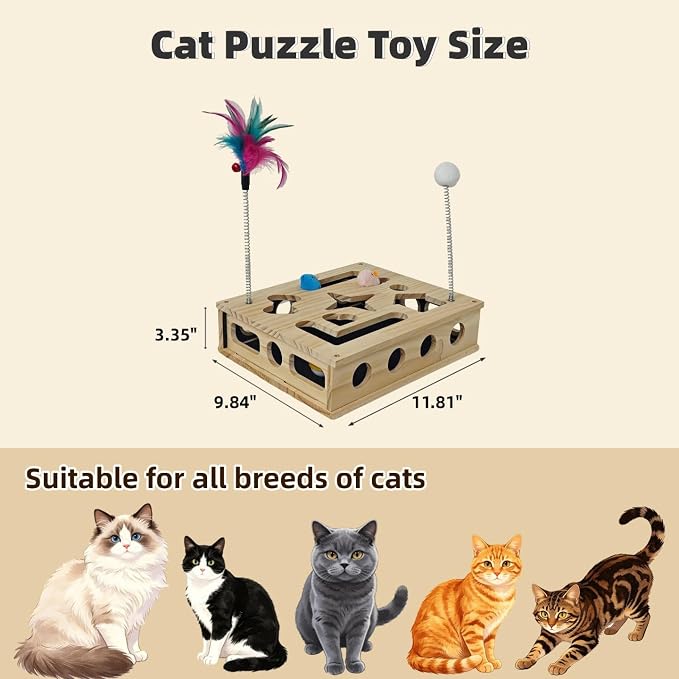 Cat Toys, Cat Scratcher Puzzle Enrichment Box - Wooden Cat Nail File with 2 Catnip Mice & 2 Balls & 2 Wand, Interactive Cat Toy Treat Maze for Indoor Cats, Stress-Free Cat Scratch Box That Trim Nails