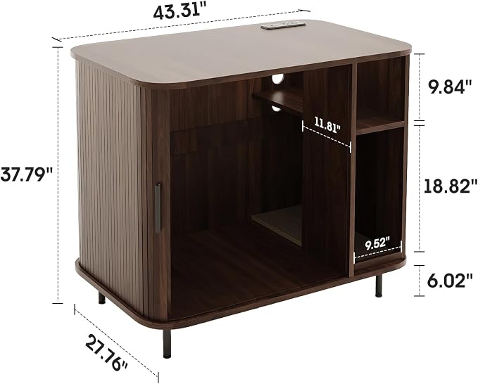 Large Litter Box Enclosure with Charging Station for Automatic Litter Box & Cat Robot 3/4, Hidden Litter Box Furniture with Dog-Proof Shelf, Scratch Pad, Wooden Cat Box Enclosure, Walnut