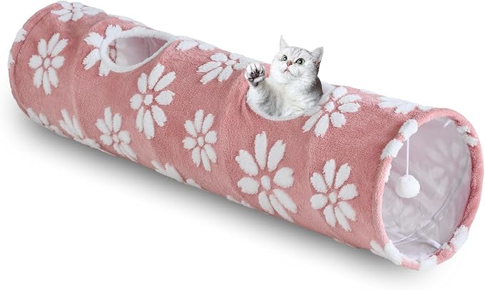 Straight Cat Tunnel for Indoor Cats 47"x12", Pink Flower | Cute Cat Toys, Collapsible Tunnel Tube with Hanging Balls for Puppy Kitten Rabbit