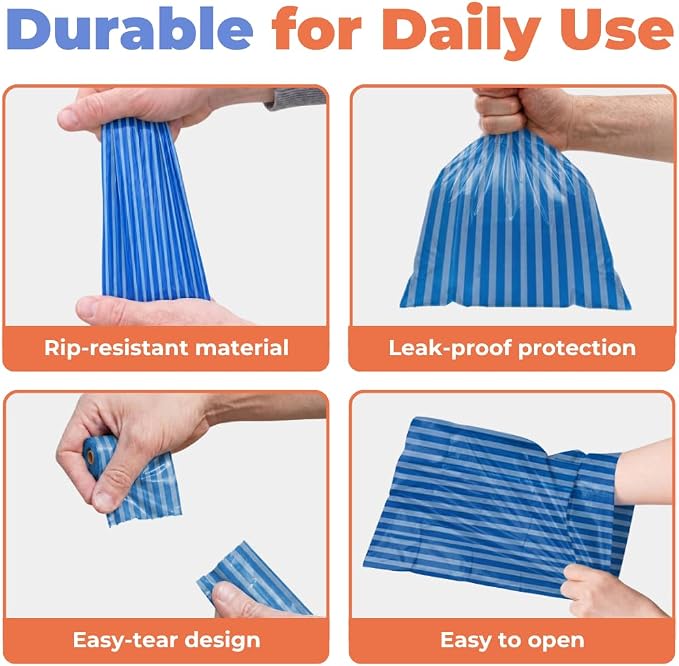 Best Pet Supplies Poop Bags for Dogs - Blue Strips, 240 Count | Scented, Leak-proof, Easy-Tear perforations, 15 Thick Bags per roll, Outdoor Walking & Travel, Fits Standard Holders