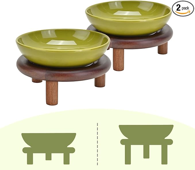 SPUNKYJUNKY Extra Wide Elevated Ceramic Cat Bowl with Acacia Wood Stand Whisker Friendly (Cat Paw Pattern, 2 Pack, Green)