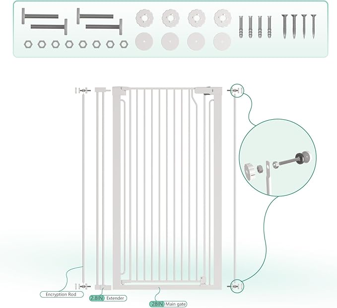 51" Extra Tall Cat Gate 28.5"-35" Wide, Auto Close, Pressure Mounted, for Cats & Small Dogs, Hallway, Stairs, Kitchen,Pet Gate,White
