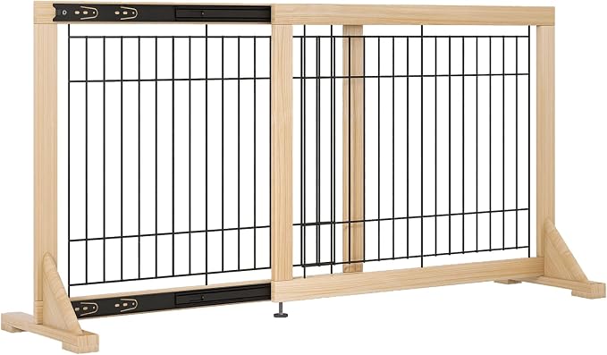 YOCAN Adjustable Freestanding Dog Gate for Doors & Stairs, 23.6" Tall, 23.6–45.3" Wide, Wood & Metal Pet Gate, No Drill Pressure Mount, Indoor Safety Barrier (Black/Natural)