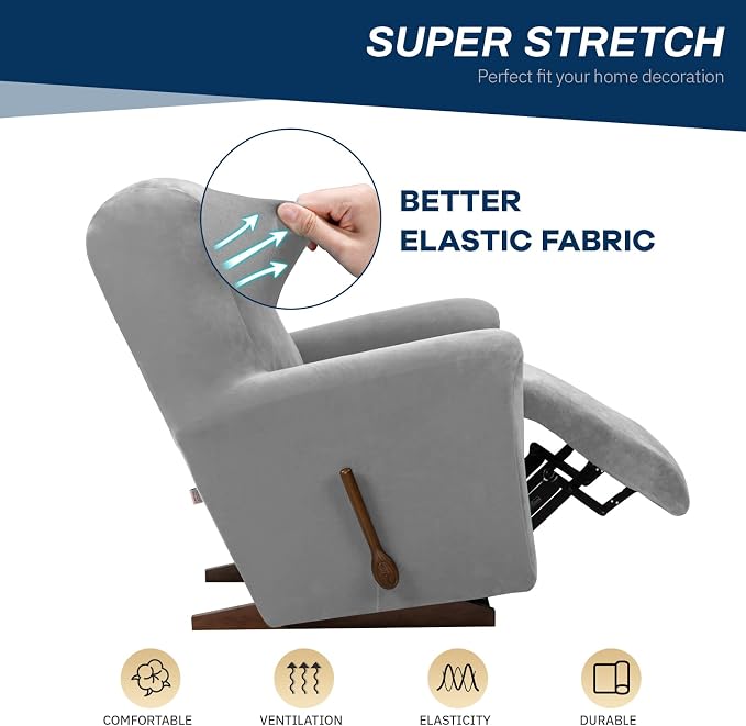 Asnomy Stretch Recliner Chair Covers Slipcover with Pockets 1-Piece（Silver） | Velvet Washable Elastic Luxury Plush Reclining Furniture Protector for Dogs Cats or Lazy Boy Recliner Covers