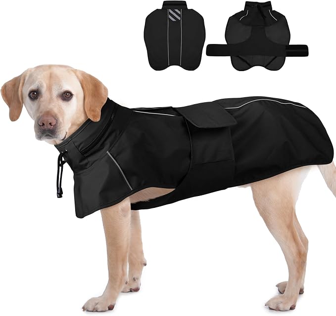 Waterproof Dog Raincoat, Windproof Rain Jacket for Large Dogs with Reflective Strips, Convertible Hood/Collar Poncho with Leash Hole Full Body Protection (Black, XXL)