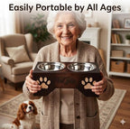 Raised Dog Bowls for Medium Sized Dogs – Wooden Elevated Dog Feeder Stand with 2 Stainless Steel Bowls + Chew Treat (14” x 7” x 6”)