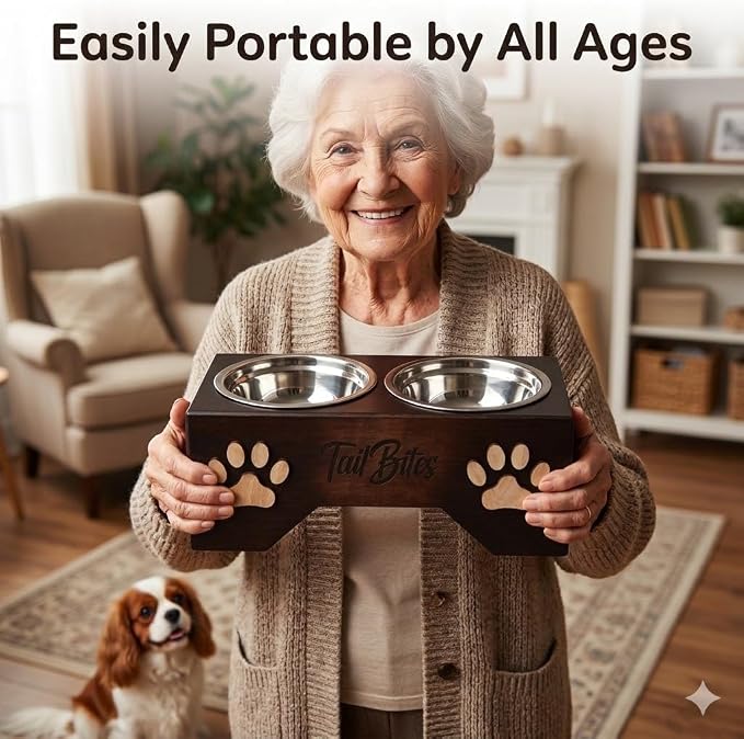 Raised Dog Bowls for Medium Sized Dogs – Wooden Elevated Dog Feeder Stand with 2 Stainless Steel Bowls + Chew Treat (14” x 7” x 6”)