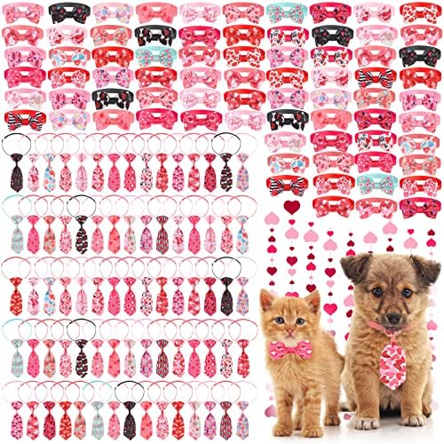 Chunful 150 Pcs Valentine's Dog Bow Ties Collars Bulk Adjustable Cat Dog Collars Bowtie Neckties Basic Puppy Costume for Small Medium Pet Grooming Accessories(Heart) by Chunful
