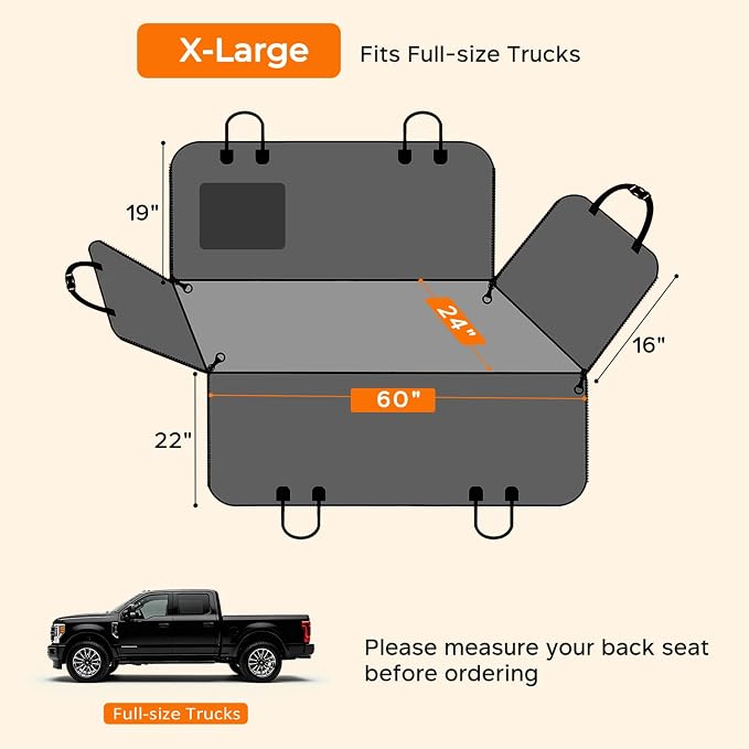 URPOWER XL Dog Seat Cover for Full-Size Truck Back Seat, Waterproof Hammock | 600D Oxford, Side Flaps with Zippers, Scratch Resistant, Non-Slip, Easy Install, Machine Washable, Dog Seat Belt Included