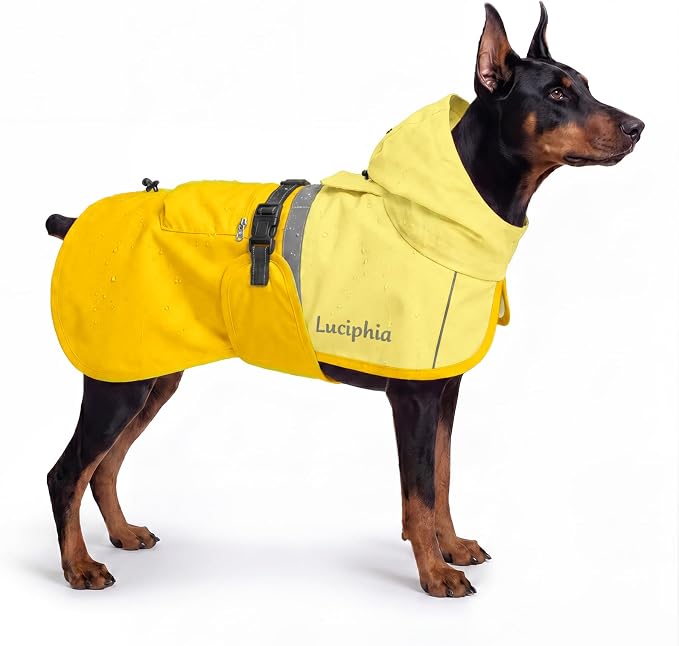 Luciphia Dog Raincoat, Adjustable Hooded Reflective Jacket with Pocket | Yellow XXX-Large dog rain jacket with leash hole, buckle-on, non-stick fur. For daily walks.