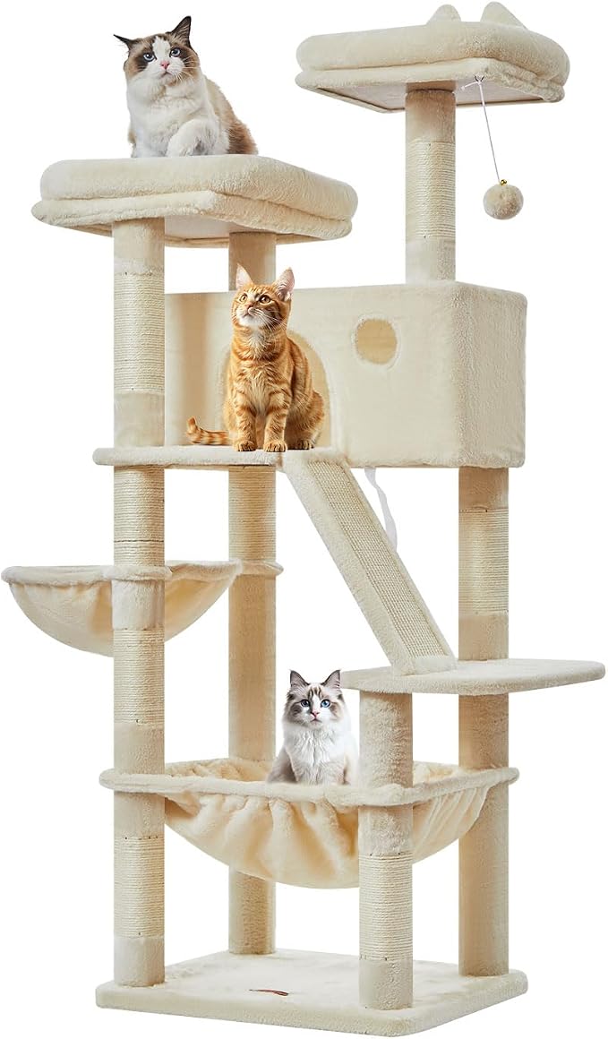 Taoqimiao Sturdy Cat Tree, 58In Cat Tower for Indoor Cats Large Adult | Spacious Cat Condo, 2 Cute Perches, Metal Frame Cozy Hammock, 1 Scratch Board, 8 Natural Sisal Posts, Basket, Beige, MS026M