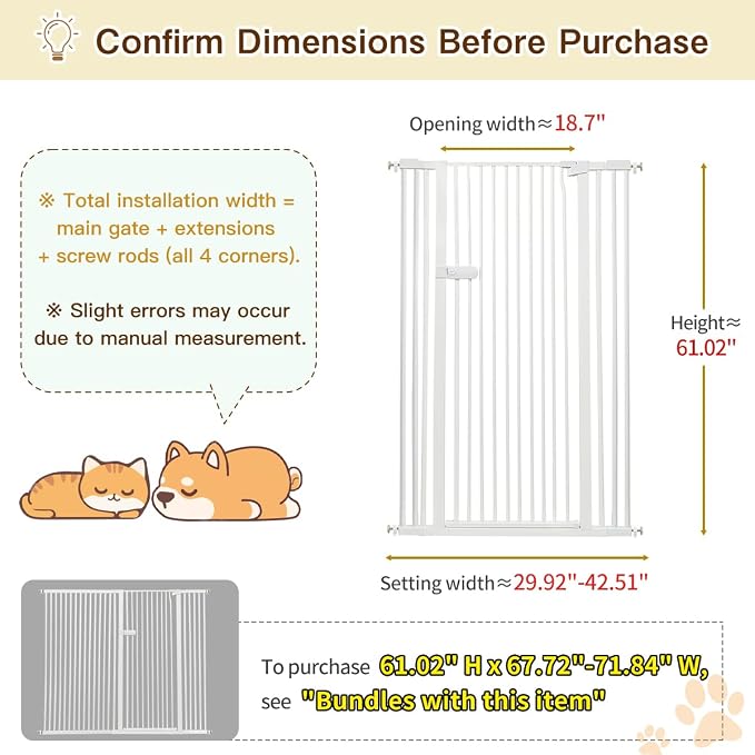 Lumizone Extra Tall Cat Gate 61.02" High 29.92"-42.51" Wide Pet Gate White | Dog Gate for Doorway Hallway Stairs Pressure Mounted Extra Wide 1.37" Gap No Drilling Auto-Close One-Handed Operation