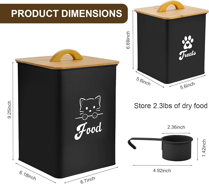 Cat Food Storage Container with Scoop, 2PCS Cat Food Storage Container with Lids Airtight, Cat Treat Jars for Kitchen Counter-7+3Lbs, Cat Cookie Jar for Storage, Black