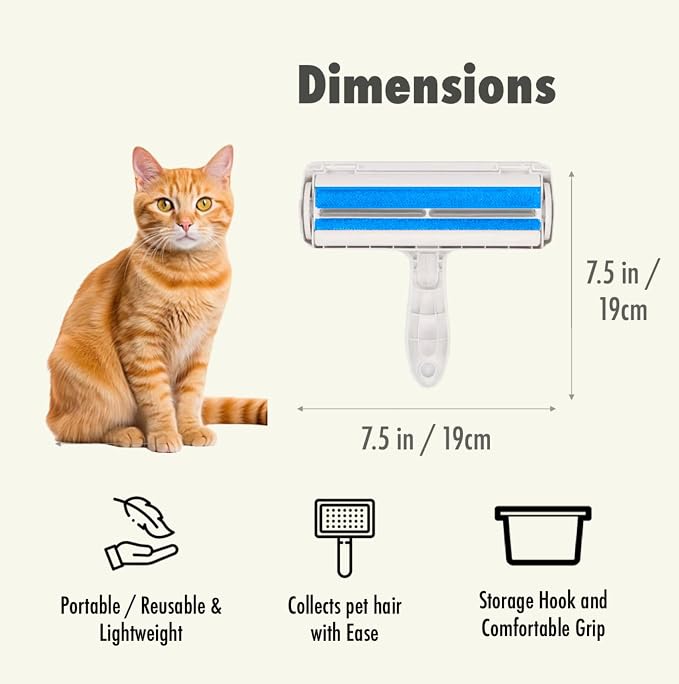 Roller Pet Hair Remover and Reusable Lint Roller - Cat and Dog Hair Remover for Furniture, Carpet, Clothes, Bedding and Car Seats- Lightweight, Multi-Surface Fur Removal Tool (Blue)