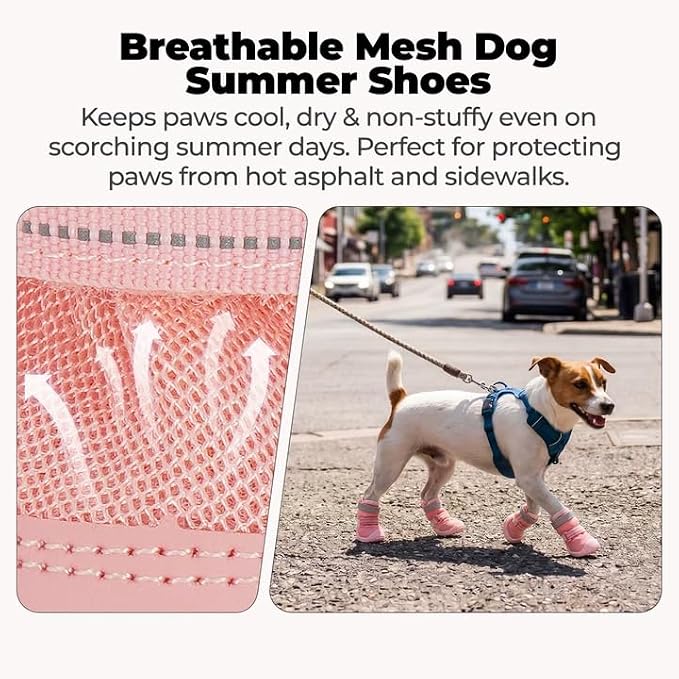 Breathable Dog Boots for Summer, Non Slip Mesh Shoes Reflective & Adjustable Puppy Shoes for Hot Pavement Protection, Anti-Slip Sole Booties for Walking Running, Pink, Size 3