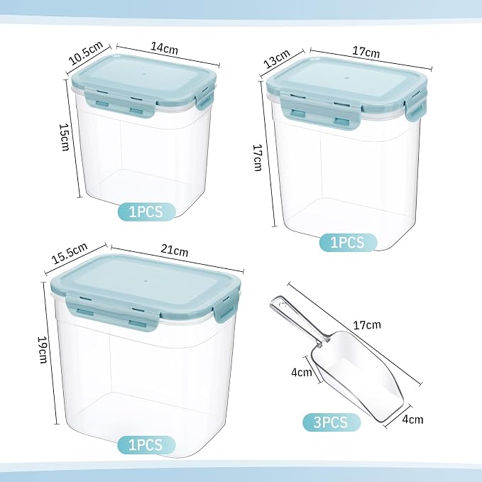 Patelai 6 Pcs Dog and Cat Food Storage Containers with Scoops Set Plastic Pet Food Storage Containers Stackable Airtight Dry for Kitchen 1.27 Qt, 2.4 Qt, 4 Qt(Blue)