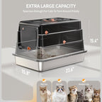 Stainless Steel Cat Litter Box with Lid, Enclosed Extra Large Metal | Litter Pan for Big Cats, Full Flip Cover High Sided Litter Box Include Scoop, Easy Cleaning, Non-Stick, Black