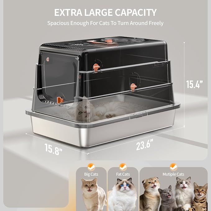 Stainless Steel Cat Litter Box with Lid, Enclosed Extra Large Metal | Litter Pan for Big Cats, Full Flip Cover High Sided Litter Box Include Scoop, Easy Cleaning, Non-Stick, Black