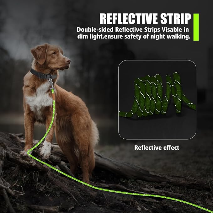 lynxking Long Dog Leash Reflective 15ft 30ft 50ft Check Cord Training Lead Padded Handle Heavy Duty Rope for Puppy Small Medium Large Dogs (Light Green, 50ft x 3/8inch)