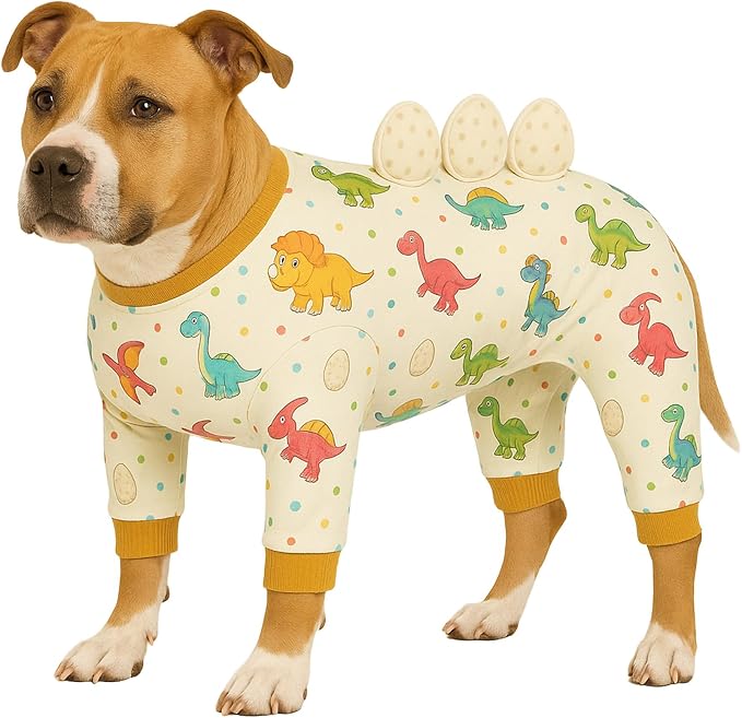 LovinPet Large Dog Pajamas, Four-Leg Stretch Onesie Bodysuit, Lightweight UV-Shielding Pajamas, Anti-Lick Calming Recovery Suit for Surgery, 3D Dino Egg Spikes, Easy on/Off， White， 3XL