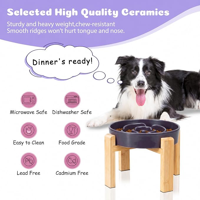 Elevated Slow Feeder Dog Bowl, 8.8" Ceramic Maze Dog Bowl with Stand | 3.2 Cups Slow Feeding Dog Dish for Fast Eaters, 7" Tall Anti-Slip Raised Slow Feeder for Medium to Large Breeds, Purple