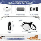 26Ft Retractable Dog Leash - for Dog Up to 110lbs, Tangle Free Walking Leash with Chew Proof Cable | LED Light | Dispenser | Poop Bags, Quick Lock Braking & Non-Slip Handle (White)