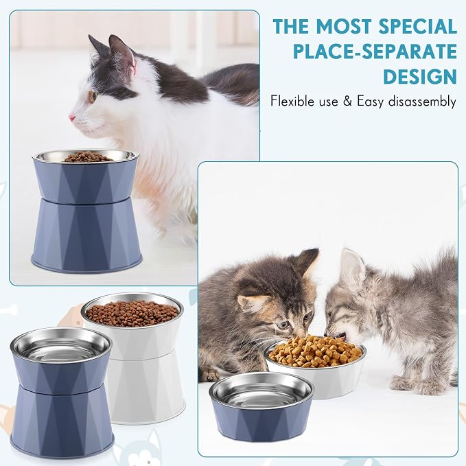 Lallisa Cat Feeder, 2 Pcs Elevated Stainless Steel Bowls with Adjustable Raised Stand, Non-Slip Pet Food and Water Bowl for Cats, Dogs, Hygienic Feeding Eating Pets (Blue, White)