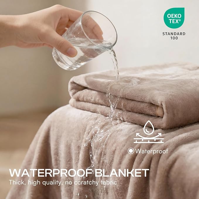 Luciphia Waterproof Pet Blanket, Washable Reversible Sherpa Fleece Throw | Liquid-proof furniture protector for bed and couch, soft reversible sherpa fleece for dogs, cats khaki, XS