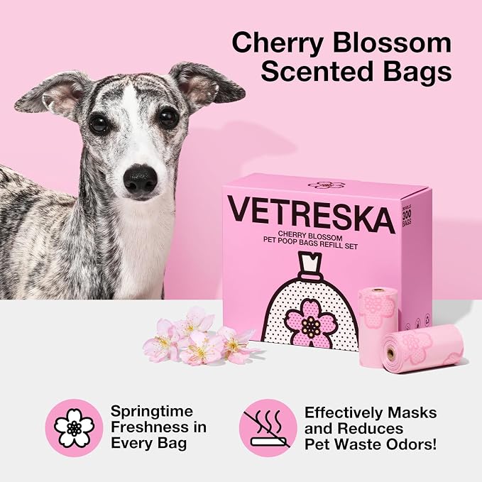VETRESKA Cherry Blossom Scented Dog Poop Bags, Leak Proof, 300 Counts | Extra Thick and Large Pet Waste Bags for Dog Walking and Cat Litter, 20 Refill Rolls