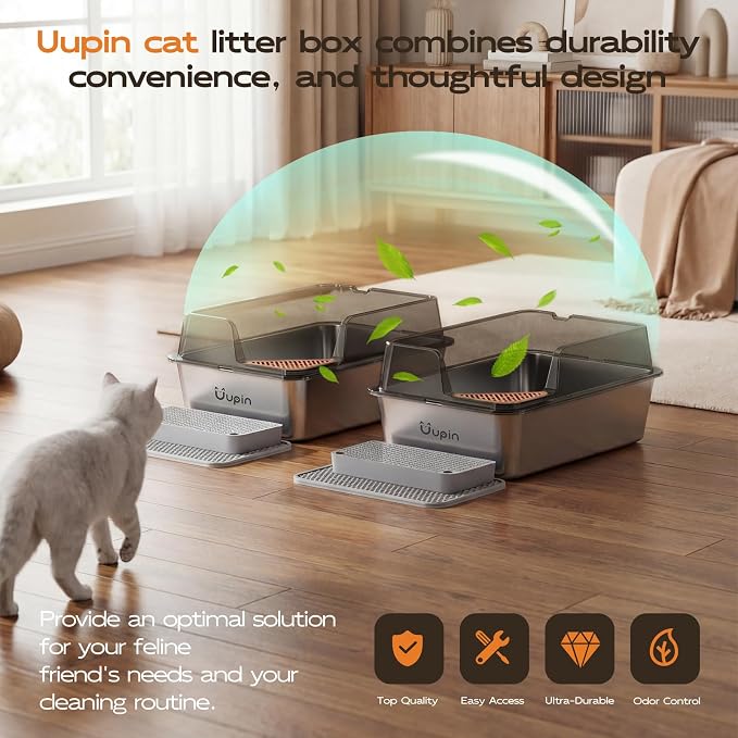 2 Pack Stainless Steel Litter Box - Extra Large XXL Metal Cat Litter Box with Lid High Sides for Big Cats and Multi-Cats, Angled Entrance, Anti-Urine Leakage, Non-Stick Bottom