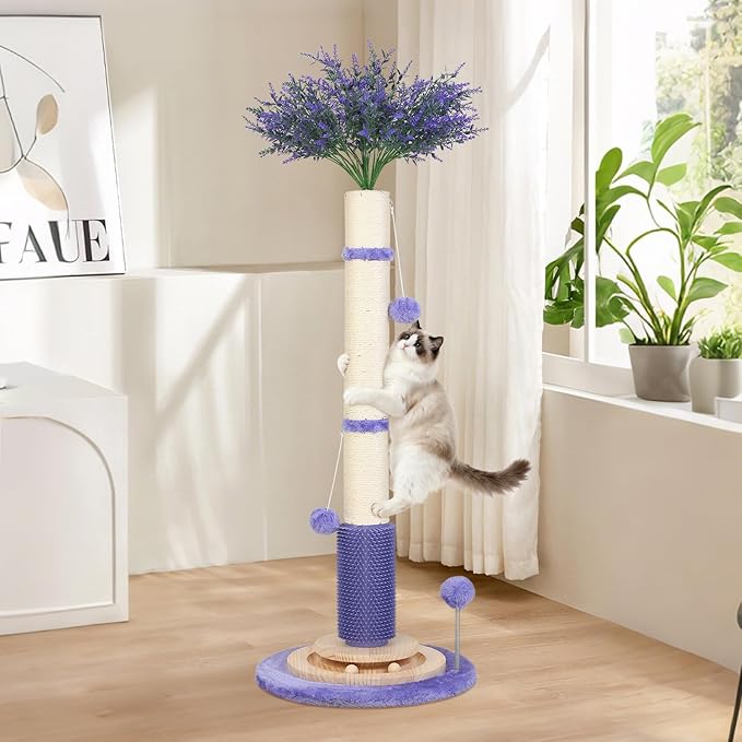 Cat Scratching Post,45'' Tall Wood Vertical Scratcher Tree Toys for Indoor | Large 3.5Inch Natural Sisal Artificial Flower Design Stable Tower Interactive Self Groomer Climbing Full Body Stretching