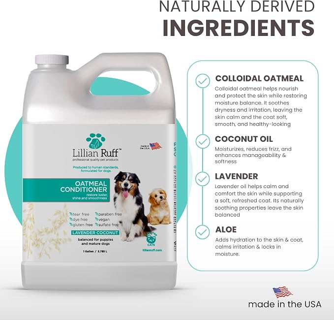 Lillian Ruff PRO Formula Oatmeal Dog Conditioner - Nourishing & Calming Relief for Allergies & Sensitive Skin - Detangles, Softens & Adds Shine with Oatmeal, Coconut Oil & Lavender - USA Made (Gallon)