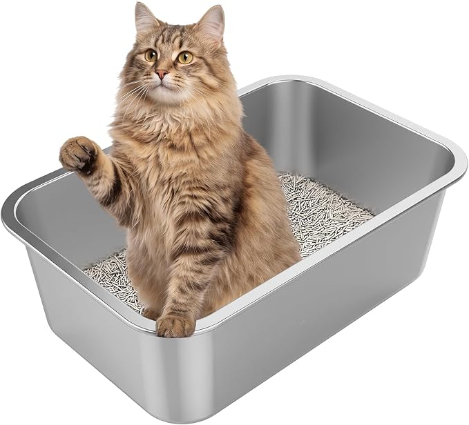 XX-Large High Sided Stainless Steel Cat Litter Box | Sturdy Metal, Odor-free, Cat Litter Non-stick and Easy to Clean, Ideal for Indoor Cats, Kittens and Multicat Houses