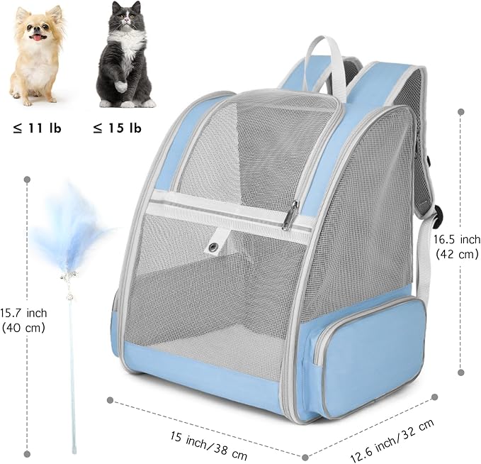 Cat Backpack Carrier, Large Pet Backpack with Kitten Wand Feather Toy for Medium Small Dog Cat Puppy Kitty Bunny up to 15lbs, Ventilated Mesh Dog Travel Carrier for Hiking Walking Outdoor Use (Blue)