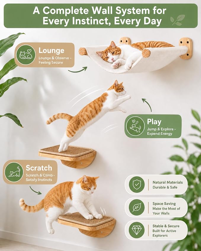 Cat Wall Shelves Set with Hammock and 2 Solid Wood Sisal Steps | 3-piece cat wall set includes 1 reversible canvas-plush hammock and 2 solid wood steps with removable sisal mats
