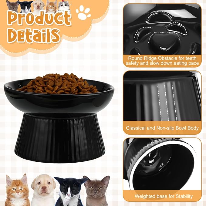 Tioncy 2 Pcs Ceramic Elevated Slow Feeder Cat Bowl, Raised Cat Slow Feeder Bowl, Anti Vomiting for Dry and Wet Food, No Spill High Edge Easy Clean Dishwasher Safe (Dark Green,Black)
